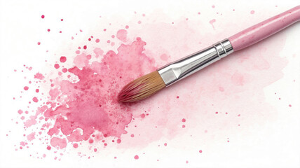 An image of a brush leaving bright pink strokes and splashes on white paper