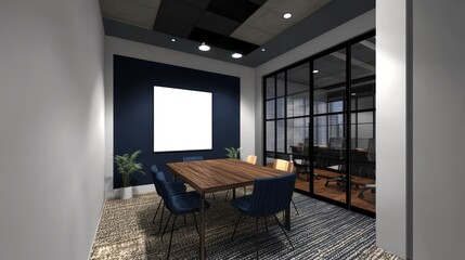 Fototapeta premium Modern Office Meeting Room Dark Blue Walls Wooden Table