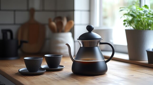 In the heart of a minimalist kitchen, a gleaming black coffee maker, a symphony of chrome and glass, hummed its tune, brewing a fragrant elixir of dark, robust coffee, ready to fuel the day.