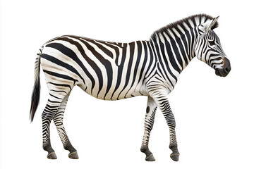 Fototapeta premium A full-length side profile of an African zebra standing against a plain white background, showcasing its black and white striped pattern.