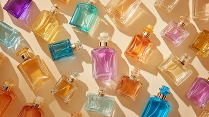 A flat lay composition of transparent, multicolored glass perfume bottles arranged elegantly on a beige background. 