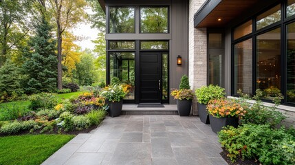 Large house featuring a striking black front door set against a beautifully designed exterior for contemporary appeal