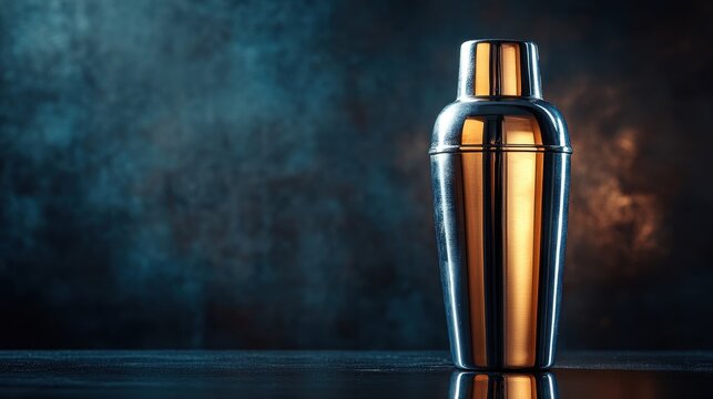 A gleaming cocktail shaker, its polished surface reflecting the dim light, sat poised on a dark backdrop, ready to transform humble ingredients into an elixir of delight.
