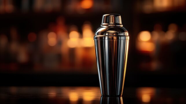 A gleaming cocktail shaker, its polished surface reflecting the dim light, sat poised on a dark backdrop, ready to transform humble ingredients into an elixir of delight.
