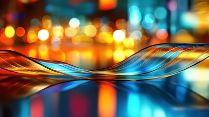 A glowing holographic ribbon with fluid glass textures, floating in an abstract futuristic space with vibrant reflections.