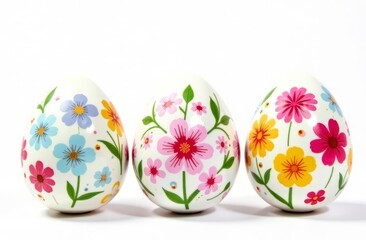 Three Easter eggs with floral pattern on white background.