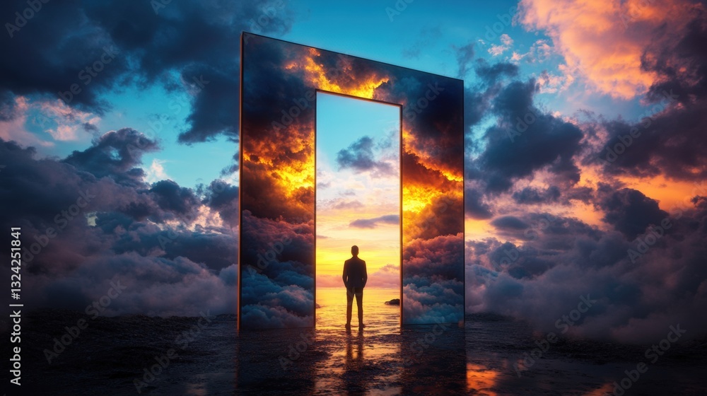 Poster a reflective man standing in front of a mirror contemplating his image with a large open door in the