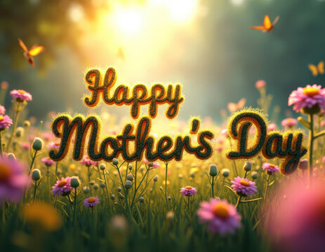 Happy mother's day floral celebration with warm sunlight and butterflies