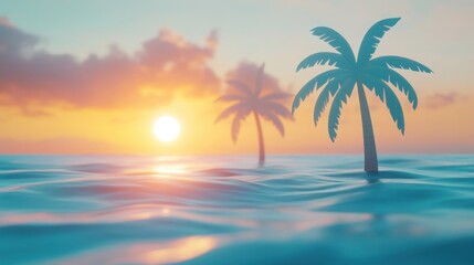 Fototapeta premium Minimalist tropical sunset with soft golden light handcrafted paper cut palm trees and gentle blue ocean waves relaxing vacation scene.