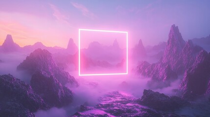 A glowing neon square floating over a mysterious mountainous landscape, surrounded by dramatic storm clouds and mist.