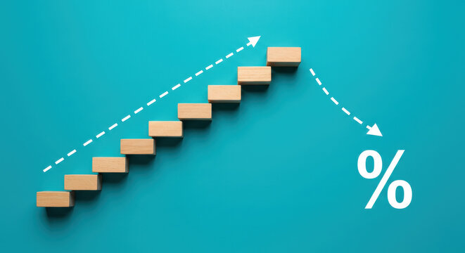  Growth & Fall: Rising Wooden Blocks, Percent Drop - Visualize Success & Decline, Interest Rate Reduction, Business Cycle, Turquoise Finance