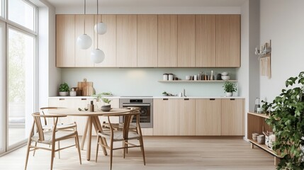 A Scandinavian kitchen with light wood cabinets, white walls, a pop of mint green, and a minimalist dining nook