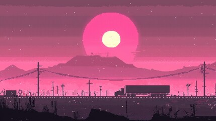 Pixelated Sunset Highway Scene