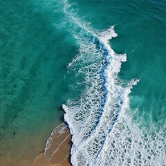 Fototapeta premium Aerial view beautiful of sea waves from drone. Stock image of blue color of ocean water, sea surface. Top view on turquoise waves, clear water surface texture.