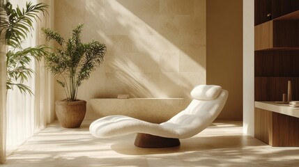 A plush lounge chair, bathed in the soft, warm glow of sunlight, invites relaxation and tranquility amidst a backdrop of gentle, earthy beige hues, creating a haven of serenity.