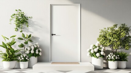 Fototapeta premium Decorative door framed by potted plants creating a welcoming entrance with natural elements and inviting ambiance