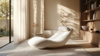 A plush lounge chair, bathed in the soft, warm glow of sunlight, invites relaxation and tranquility amidst a backdrop of gentle, earthy beige hues, creating a haven of serenity.