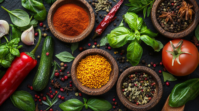 Vibrant aromatic spices herbs fresh tomato chili peppers cooking ingredients food basil cumin anise