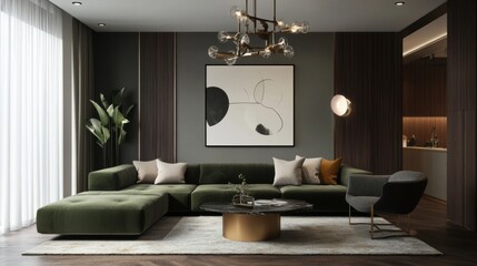 A spacious modern living room with a deep green sofa, abstract wall art, and a stylish chandelier. A large area rug ties the space together, adding warmth and texture.