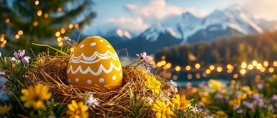 Easter day festival celebrations with happiness customs cake rabbit and egg in a nature setting
