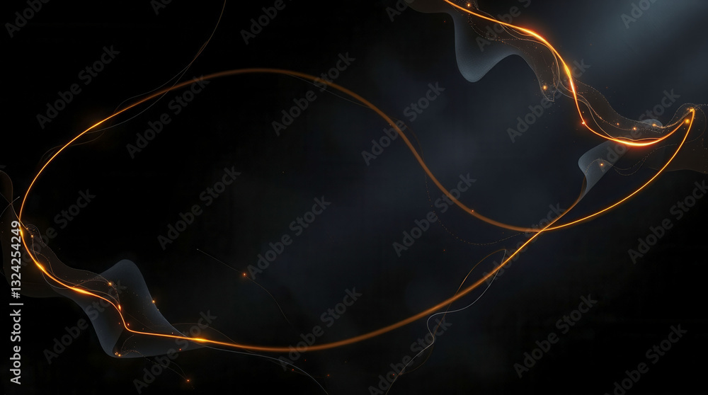 Poster a black background with orange lines and dots. the orange lines are curved and the dots are scattere