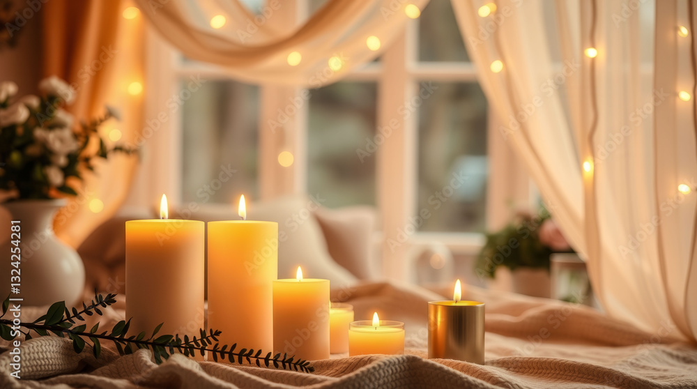 Poster a room with a window and a vase of flowers. there are several candles on a table, including some tha