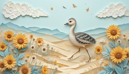 Obraz premium A Paper Bird in a Sunflowers Field Intricate Paper Art Landscape