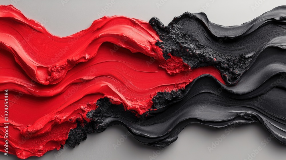 Poster dynamic abstract artwork featuring a bold red and black wave captured in a fluid and expressive art 