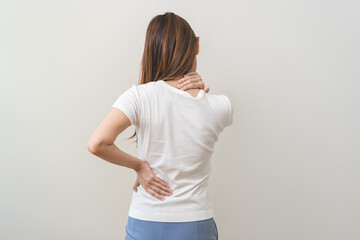 Pain body muscles stiff problem, asian young woman, girl painful with back, neck ache from work...