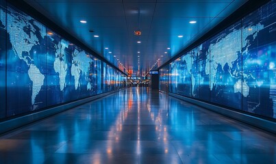 a modern hallway with a world map on the walls.