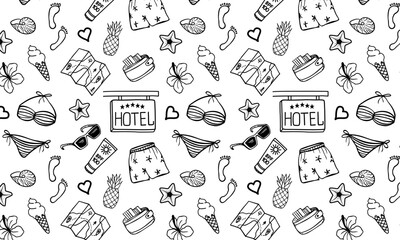 Travel and summer seamless patterns. Vector background with travel and vacation items drawn with black pen. Hotel sign, sunglasses, swimsuit, guidebook. Isolated items on white background. Doodle
