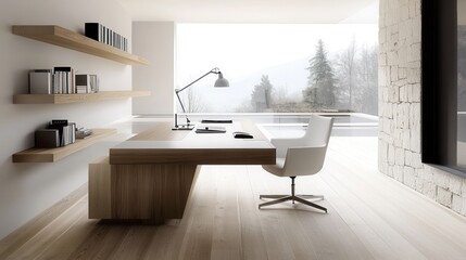 Fototapeta premium a minimalist home office with a sleek wooden desk, a simple white chair, and a large uncluttered workspace. 