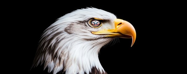 Fototapeta premium A striking close-up of a bald eagle, showcasing its sharp gaze and distinct features against a dark background.