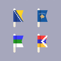 National flags of the world, Republic of Kosovo, Republic of Artsakh, Bosnia and Herzegovina, Komi Republic, set flat vector icons