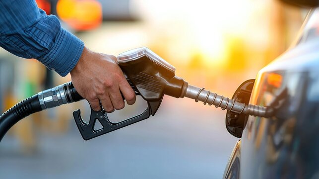 Filling a car with fuel at a gas station during sunset.