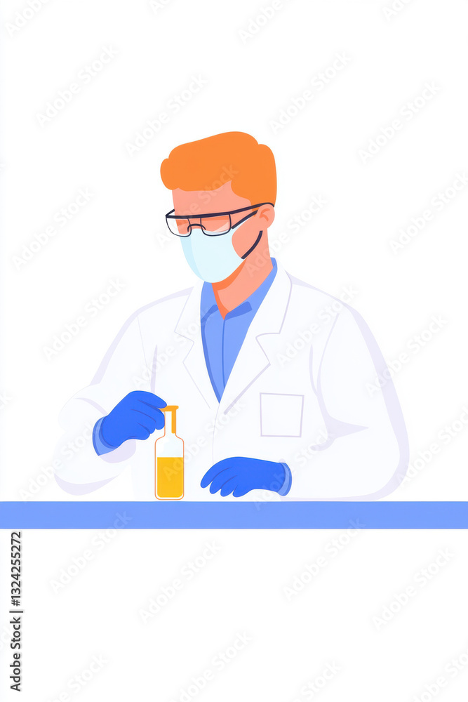Poster laboratory, a scientist in a mask handling toxic materials in a lab setting.