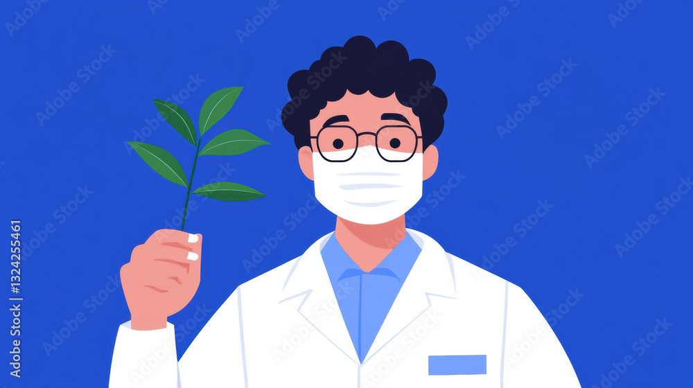 Poster laboratory, a scientist in a mask handling toxic substances in a lab setting.