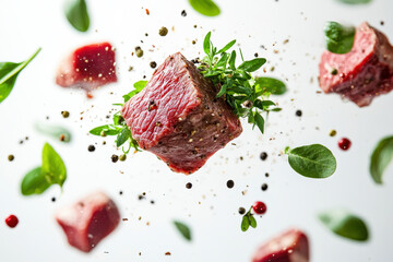 Juicy steak seared to perfection, topped with aromatic fresh herbs on a rustic wooden cutting board.