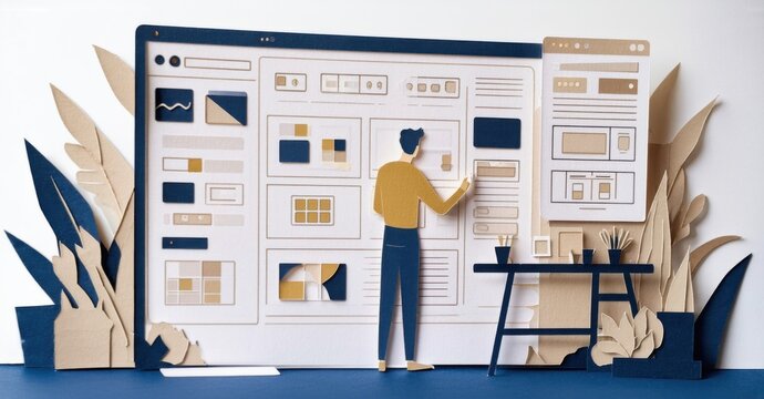 Paper cutout of ui ux designer rearranging elements inside wireframe deep navy and muted beige symbolizing layout optimization