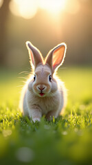 Cute bunny in a green meadow with golden natural lighting