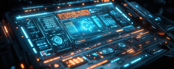 Obraz premium futuristic display panel with neon blue lights.