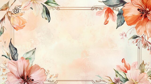 Floral watercolor-bordered gift certificate, soft pastel and peach color scheme, ornate corners, blank fields for personalization