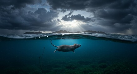 Rat Swimming Underwater Dramatic Ocean Scene Stormy Sky Description A rat swims