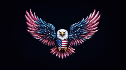 Obraz premium A striking illustration of a majestic eagle with vibrant wings, featuring the American flag, set against a dark background.