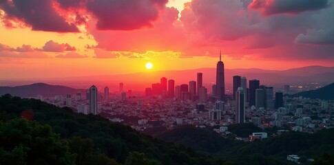 Fototapeta premium Stunning sunset view of Mexico City Torre Arcos Bosques, Mexico, urban, architecture
