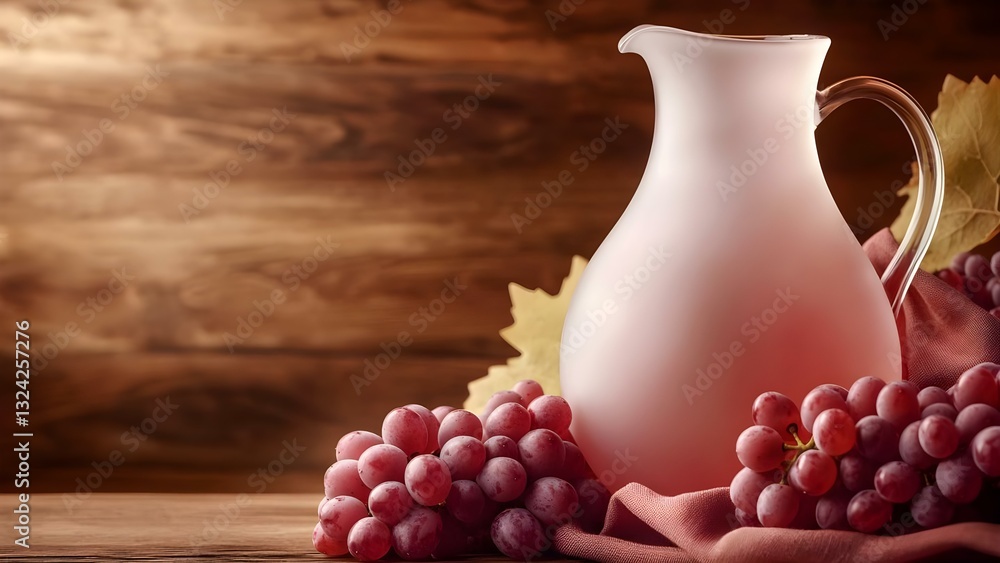 Poster a pitcher surrounded by clusters of grapes on a wooden surface with a soft fabric beneath. concept s
