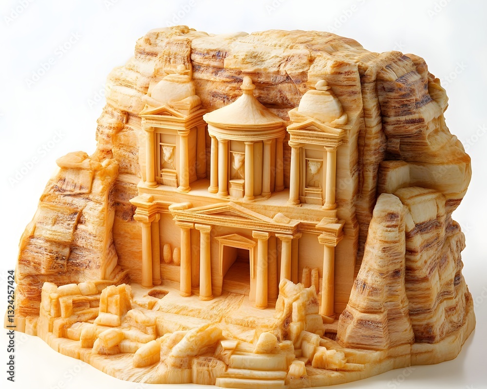 Poster intricate cheese sculpture resembling ancient architecture set against a plain background