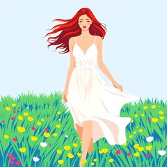 Redhead woman in white dress walking in a field of flowers.