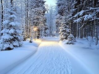 Fototapeta premium A snow covered pathway illuminated by lights through a forest