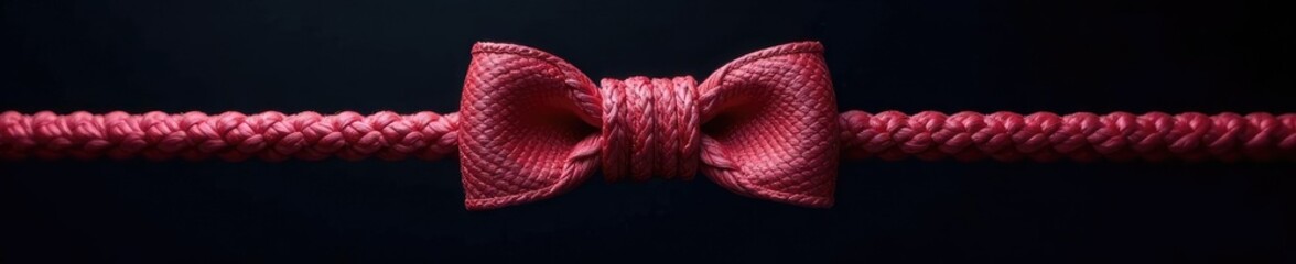 Bow knot in shoelace with subtle shine isolated on dark background, reflective, woven